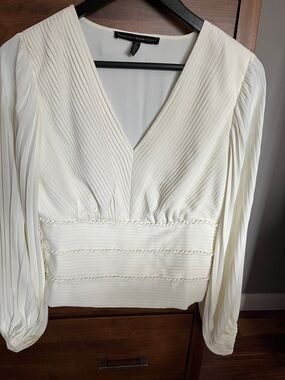 White House Black Market Cream Pleated V-Neck Blouse